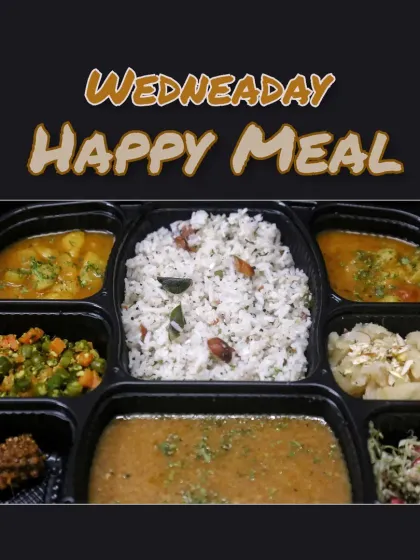 A South Indian inspired Wednesday Happy Meal with coconut rice, tangy kokum saar, french beans, aloo gravy, and a fresh cabbage and pomegranate salad.