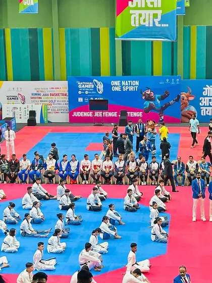 The opening ceremony or a gathering of athletes and officials at the Ponda Sports Complex for the National Games.