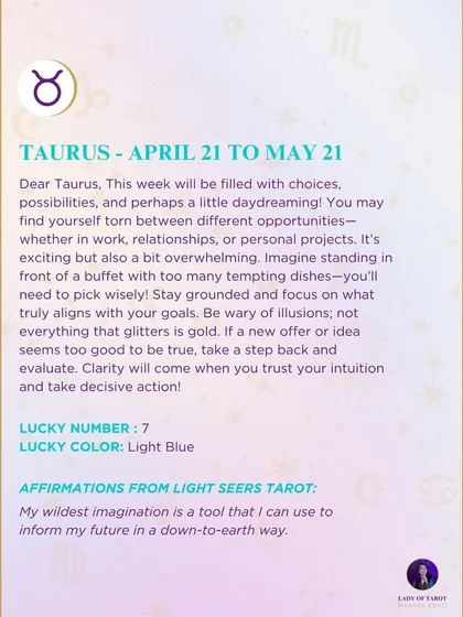 A weekly tarot prediction for Taurus. This week will be filled with choices and possibilities. You may feel torn between different opportunities, so stay grounded and focus on what truly aligns with your goals.