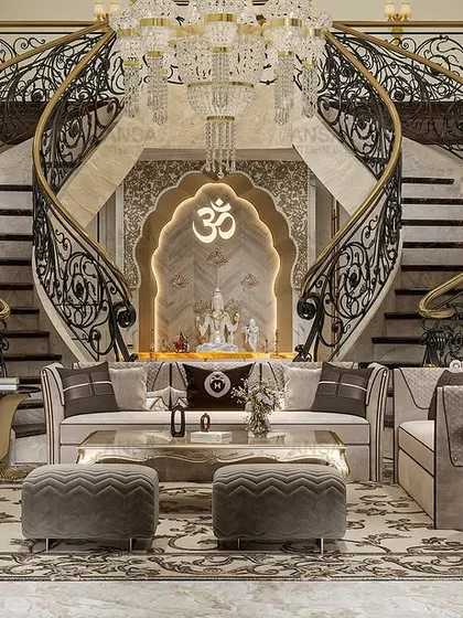 A truly grand entrance featuring a majestic double staircase made of marble and ornate wrought iron. The design centers around a serene prayer nook, blending opulence with spiritual tranquility.