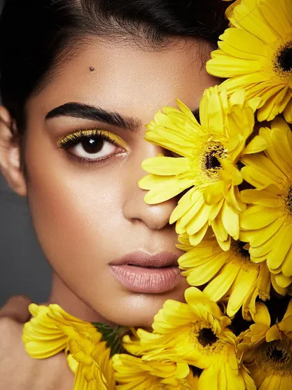 A sunny and beautiful look with a sharp yellow inner-corner liner, perfectly complemented by a bouquet of yellow daisies.