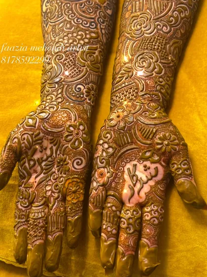 A still image of the full bridal design, showcasing the custom name and the detailed floral and paisley work.