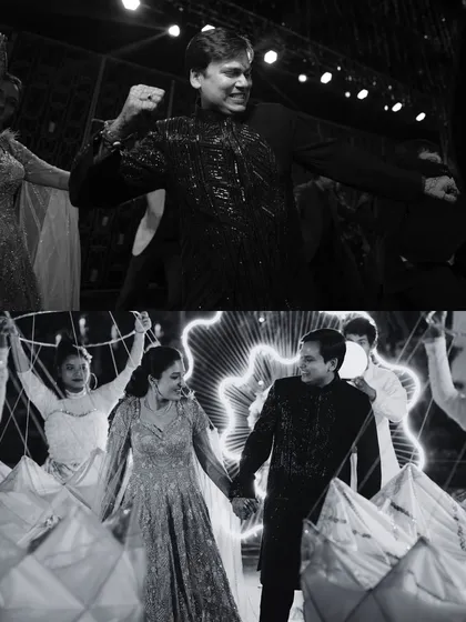 A black and white collage from a Sangeet night, capturing the drama of the dance performances and the couple's happiness in a timeless format.