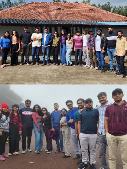 A collage from our Chikmagalur trip, showing the group at the homestay and enjoying the misty mountain views.