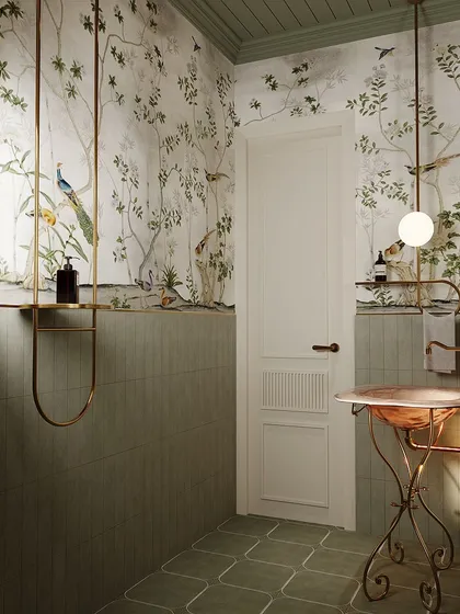 Another view of the powder room, highlighting the custom metal shelving and the intricate details of the wallpaper.
