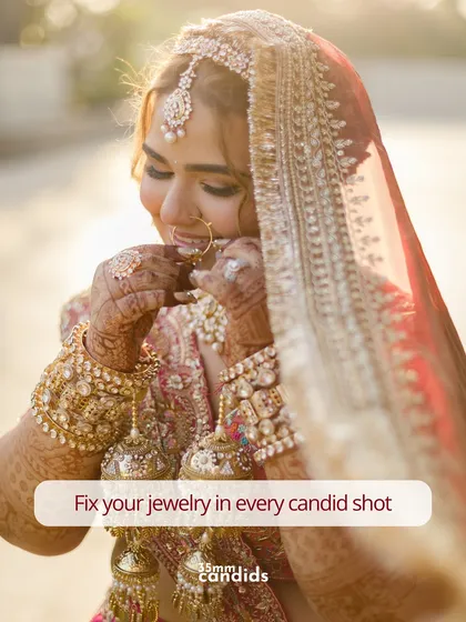 The feminine urge to fix your jewelry in every candid shot. A humorous and relatable take on bridal photos.