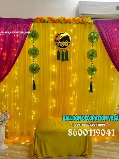 For this Mehndi function, we used a rich color combination of magenta and yellow to create a lively and celebratory atmosphere.