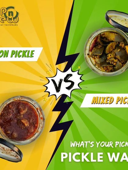 The ultimate pickle war: tangy Lemon Pickle versus our hearty Mixed Pickle. This graphic playfully asks you to choose your side in the battle of flavours. Which one is your pick?