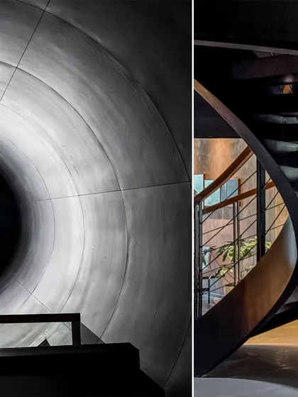 A composite image showing the abstract, tunnel-like view of the skylight and the elegant curve of the staircase at BCG HQ.