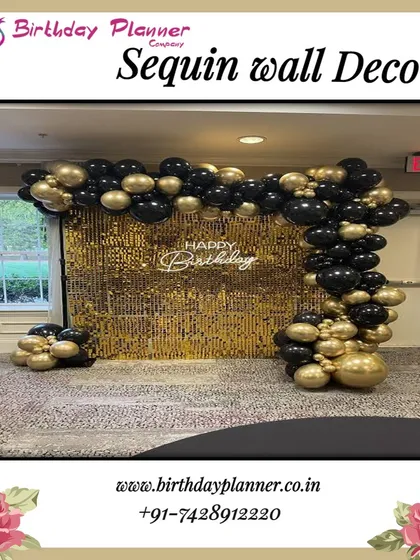 A popular choice for corporate parties and award nights, this black and gold theme features a shimmering sequin wall backdrop perfect for photos. We complemented it with a matching balloon garland to create a stylish and modern focal point for the celebration.