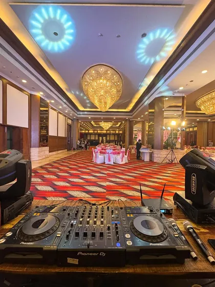 My console is set up and ready to go in this grand ballroom for a Punjabi wedding reception. The space is huge, which means more room for dancing.