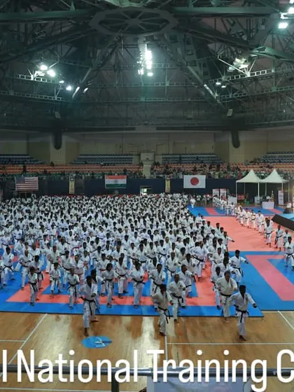 Our students train as part of a larger community at a JKA India National Training Camp. This image captures the scale and unity of the Japan Karate Association, where hundreds of karateka gather to learn and practice together under senior instructors.