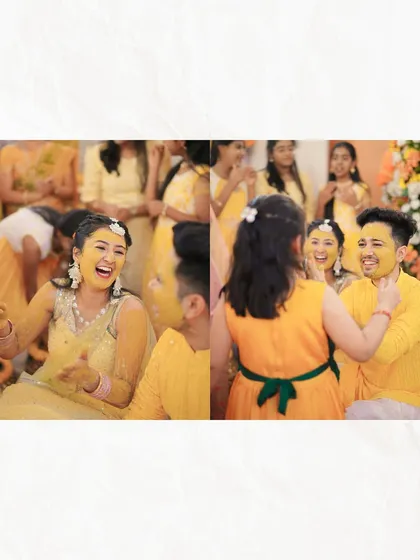 A diptych showing the fun and games of the Haldi ceremony. From the bride's joyful laugh to guests playfully applying turmeric, these images capture the event's lively spirit.