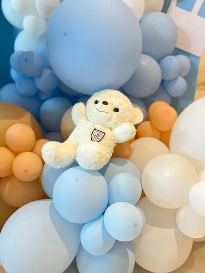 The decor included charming details like hot air balloon props, "BABY" blocks, and teddy bears riding the carousel horses, all in a soft, gentle color palette.