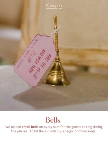 We placed small bells on every seat for guests to ring during the pheras, filling the air with joy, energy, and blessings for the couple.
