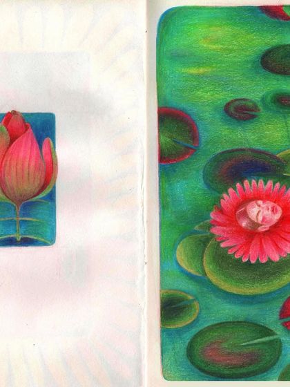A colored pencil drawing from my sketchbook, showing a face emerging from a flower floating on a lily pond.