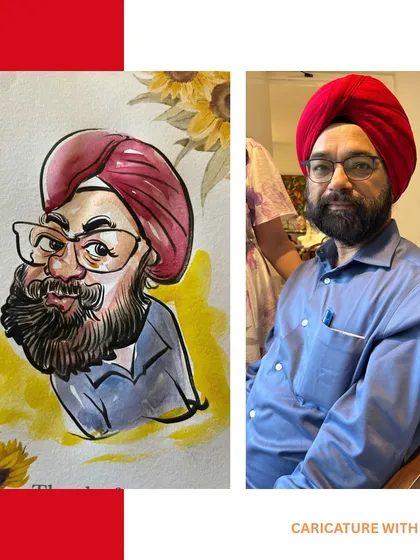 A side-by-side comparison showing the transformation from a real person to a remarkable, colorful caricature with a vibrant turban.