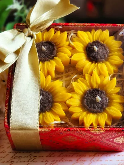 Another view of my sunflower floating candles, this time in a cheerful yellow. They come beautifully packaged in a festive box, ready for gifting during Diwali or any celebration.