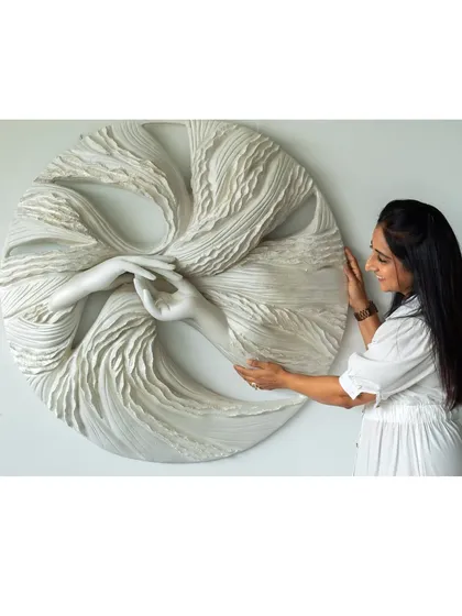 Standing with 'The Awakening Cycle series 2,' a piece that explores the quiet space between life's chapters. The flowing textures and gentle hands represent the self-love and clarity needed to evolve.