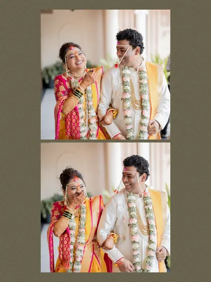 A collage of two candid photos showing the bride and groom sharing a laugh right after their wedding ceremony. These are the moments that tell the real story.