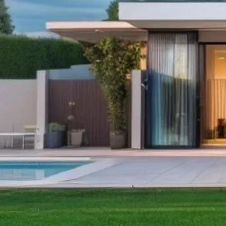 A luxurious villa landscape centered around a pristine swimming pool and a lush, expansive lawn. Our site planning ensures that hardscape elements like the pool deck and pathways are perfectly balanced with softscape greenery for a resort-like feel.