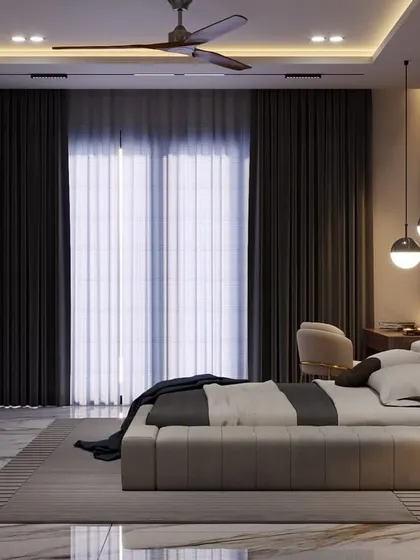 Another angle of the dark-themed bedroom render, showing the view from the bed towards the window. The heavy curtains and minimalist furniture enhance the room's sophisticated and cozy feel.