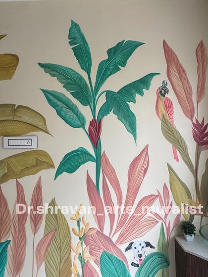 A fun, colorful tropical mural for a washroom area, featuring lush leaves, a parrot, a monkey, and a special appearance by the family's dalmatian, Kaala, peeking out from the bottom.