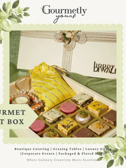 Our Gourmet Gift Box for Diwali, featuring a selection of our premium mithai and a decorative pouch, all beautifully packaged.