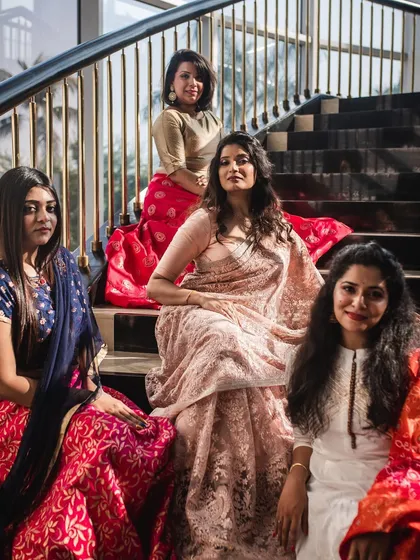 A stylish group portrait of the bride and her bridesmaids. After the fun candids, we always take a moment to get a beautiful, posed shot of the whole group.