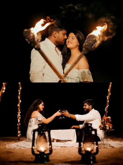 This set of images highlights a romantic night shoot on the beach, featuring a couple with tiki torches and sharing a drink by lantern light.