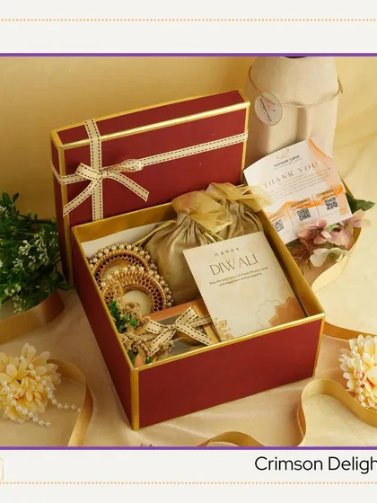 The 'Crimson Delight' Diwali hamper. A rich red box containing traditional bangles and other festive items, perfect for celebrating in style.