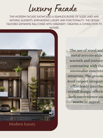 This graphic explains our approach to a luxury facade, highlighting the use of sleek lines, natural elements, and expansive balconies with greenery to connect the home to nature.