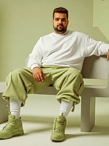 Another shot from my streetwear session, showcasing a modern and casual style. This look connects with the fresh, current sounds I create as a Desi Hip Hop beat maker.