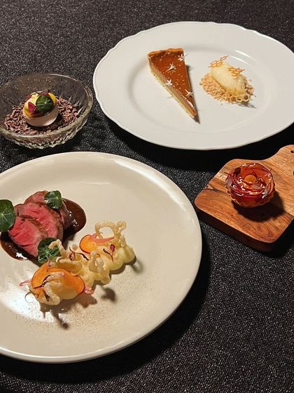 A full spread of some of my signature dishes, including the tenderloin main course and the muscovado custard tart.