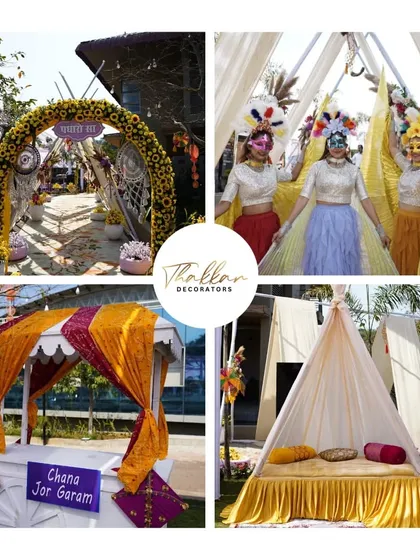 A collage showcasing the variety within a single Haldi carnival theme. From the sunflower arch and masked performers to the 'Chana Jor Garam' stall and cozy tent seating, I focus on creating a complete, interactive experience.