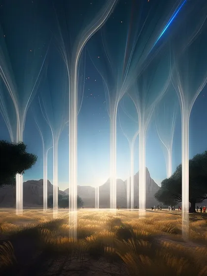 A conceptual image of the Meadows Plaza, where columns of light create a mystical forest, blending nature and technology in the metaverse.