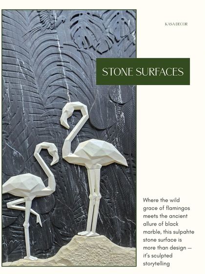 A sculpted stone surface telling a story. Here, the wild grace of flamingos is rendered in 3D against the ancient allure of carved black marble, turning a wall into sculpted storytelling.
