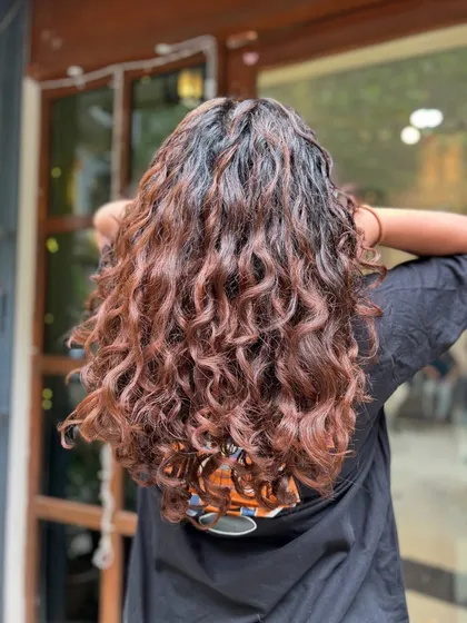 A collection of my other no-bleach balayage and color work, showcasing a variety of tones from subtle browns to vibrant reds on different curl types.