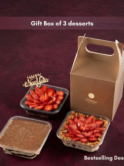 Our gift box of three bestselling desserts is a great way to celebrate the New Year. It includes a variety of our most loved dessert tubs, like Tiramisu and Strawberry Cheesecake.