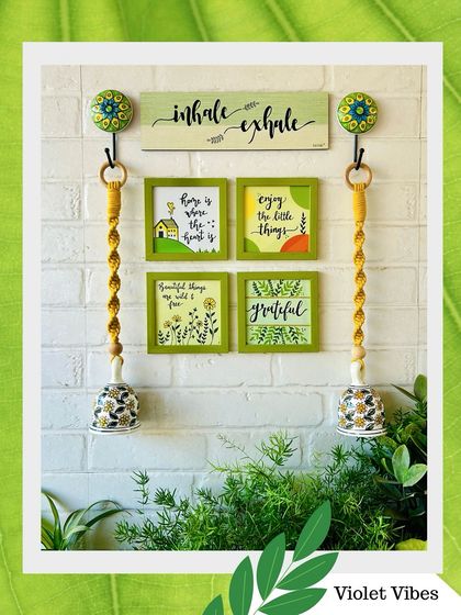 The complete 'Green Quoted Combo', featuring two yellow macrame bells, four green glass frames, a wooden plank, and two ceramic hooks. This set is perfect for creating a cohesive and beautiful wall display.