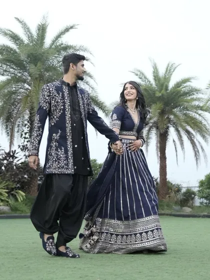 Sakshi’s Roka makeup was all about dreamy hues and delicate details. She wore a beautiful navy blue lehenga, so we kept the makeup soft and radiant with a focus on her eyes.