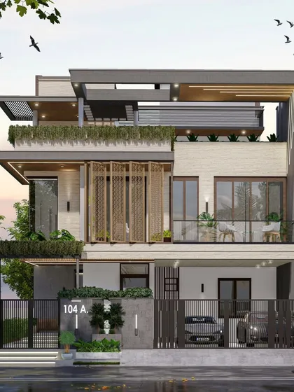 We designed this modern 50x80 duplex in Bengaluru to be a statement of contemporary living. The elevation features a dynamic play of angular facades, MS jaali screens, and integrated green spaces, creating a home that is both visually striking and perfectly suited for a modern family's lifestyle.