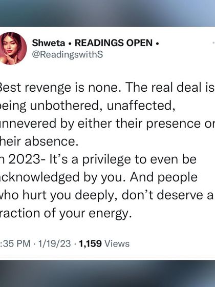 A screenshot of my tweet about revenge. The best revenge is none. The real deal is being unbothered and unaffected. People who hurt you don't deserve a fraction of your energy.