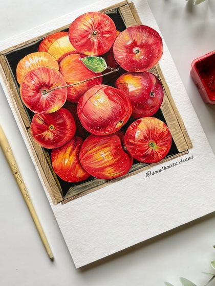 A hyper-realistic gouache painting of a crate of shiny red apples. I gave my heart and soul to this piece, focusing on the reflections and colors to make them look real.