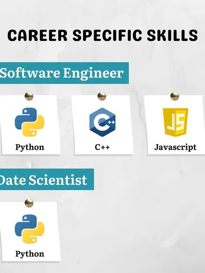 This graphic shows the specific programming languages, like Python and C++, that are essential for careers as a Software Engineer or Data Scientist. It helps students focus their learning on their desired goals.