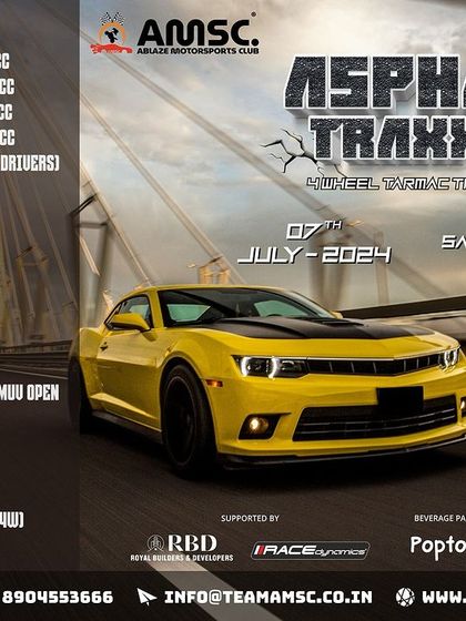The official poster for Asphalt Traxx V, an autocross event held at our facility. We partner with clubs like AMSC to bring organized, competitive car racing to Bangalore.