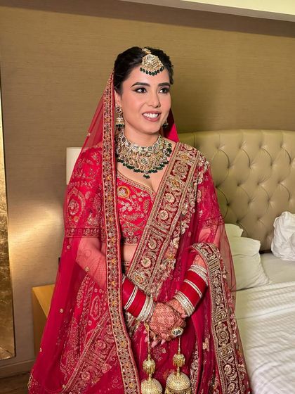 Diksha looking absolutely radiant and ready for her big day. The makeup is classic, timeless, and perfectly suited for a bride.