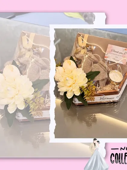 Part of my new collection of wedding hampers. This design features a beautiful hexagonal box filled with goodies and topped with a large sola wood flower for an elegant finish.