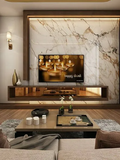 A close-up of a TV unit featuring a marble back panel framed with dark wood. The floating console and warm backlighting create a modern and elegant focal point for the living room.
