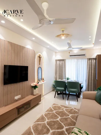 A wide shot of the living and dining room, demonstrating how we create a cohesive open-plan living space.